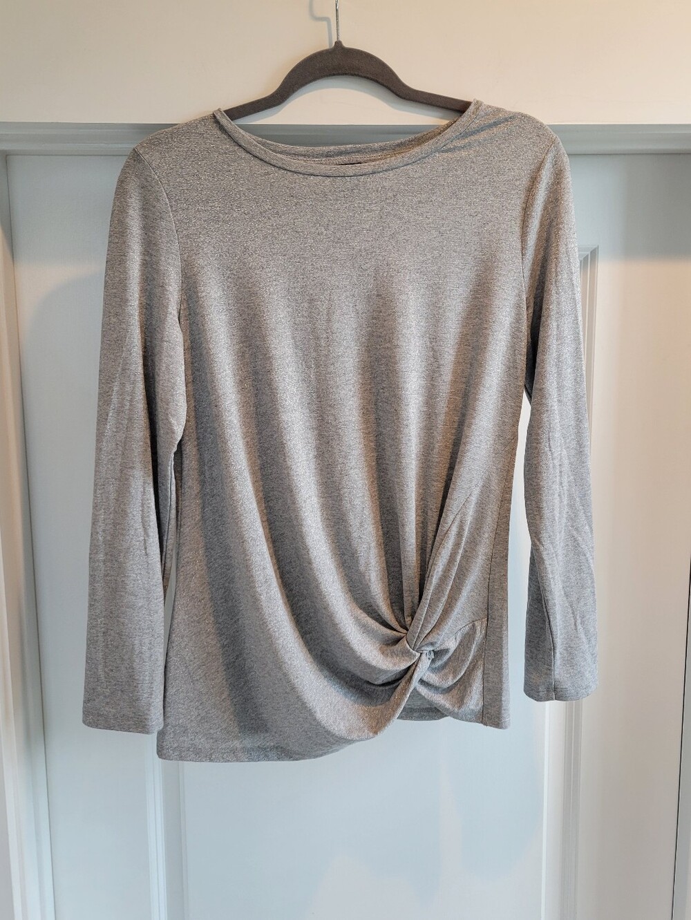 Ann Taylor Shimmer Gray Long Sleeve Twist-Front Top